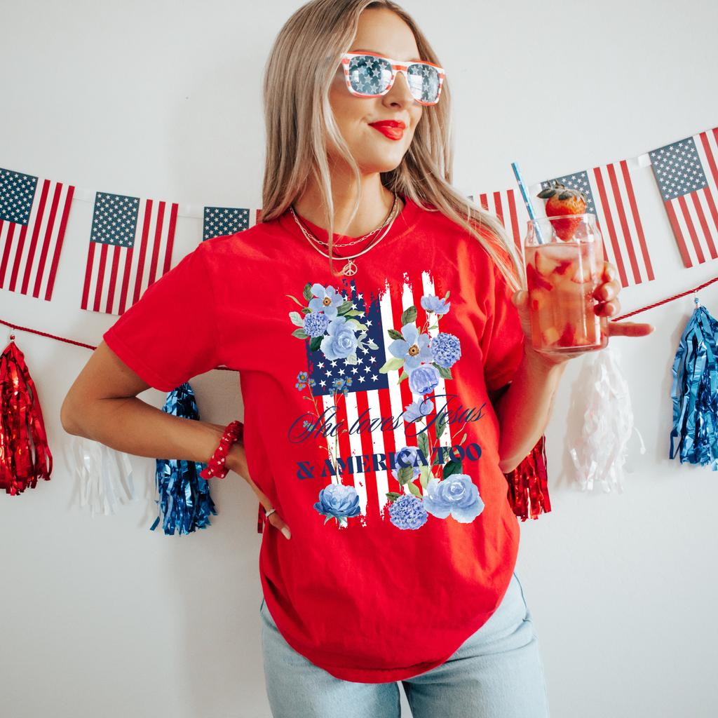 She Loves Jesus & America Too Patriotic Tee