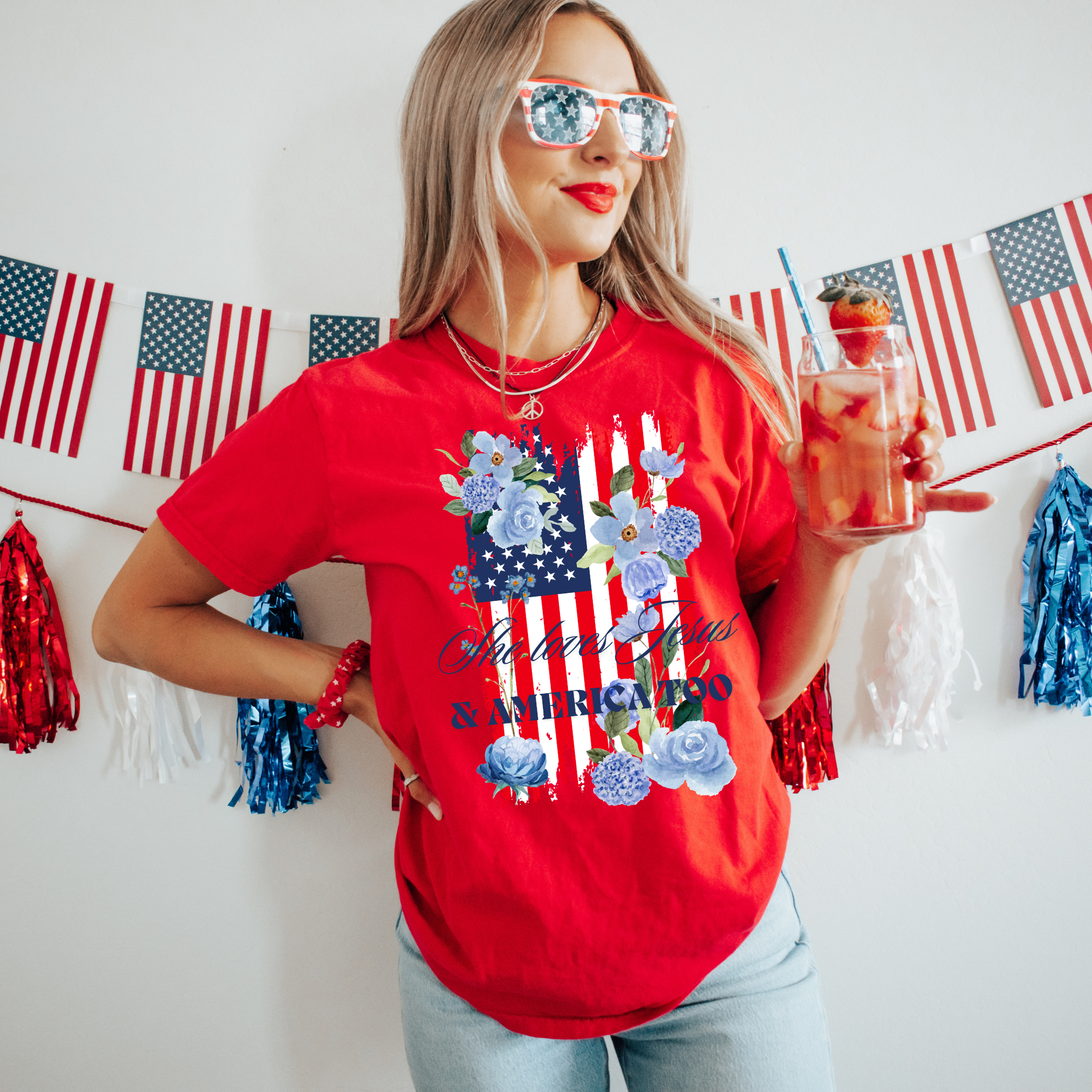 She Loves Jesus & America Too Patriotic Tee